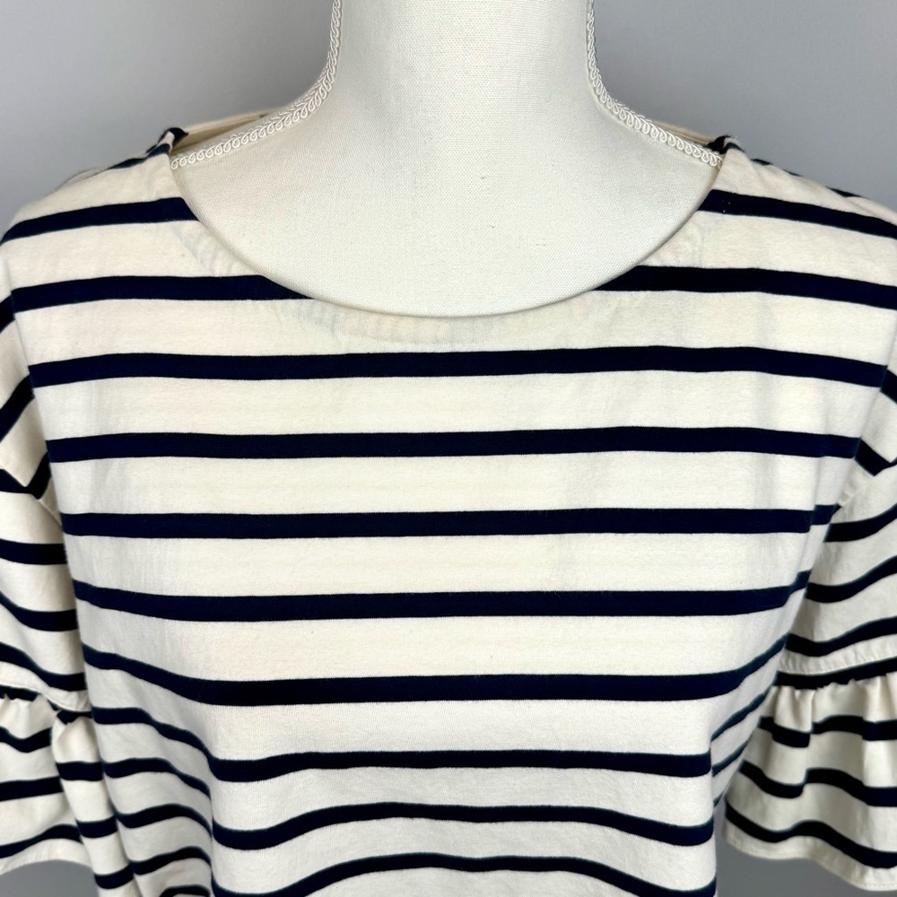 J. Crew Ruffle Sleeves Top Black Cream Stripes Short Sleeves Cotton Large French - Picture 4 of 10